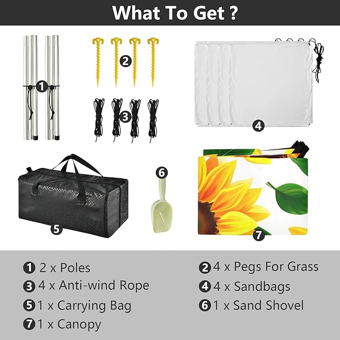 Beach Canopy with Windproof Ropes &amp Sandbags Beach Tent Sun Shade Sun Shelter for Camping Trips Fishing Backyard Fun or Picnics Sunflowers