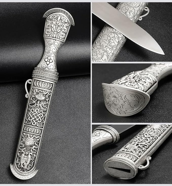 Fixed Blade Knife Chinese Tibetan Knife with Ornate Handle Celtic Knot Design Steel Blade with Sheath