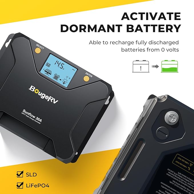 BougeRV MPPT Solar Charge Controller 30A w/ Low-Temp Cut-Off APP Control Backlit LCD 30 Amp Solar Panel Regulator 12V/24V for LiFePO4 SLD Gel FLD AGM Battery RV Marine Upgraded