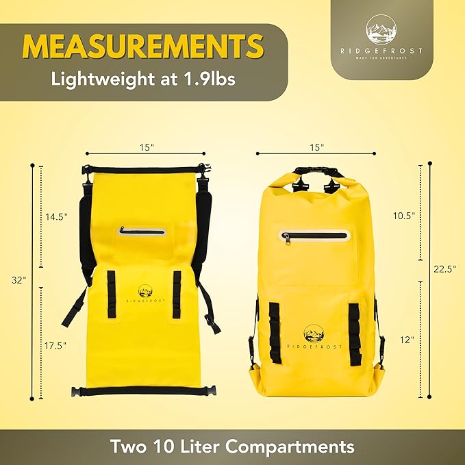 Ridgefrost 20L Dry Bag | Waterproof w/2 Compartments | Dry Bag for Beach &amp More | Lightweight Roll-Top &amp Roll-Bottom backpack