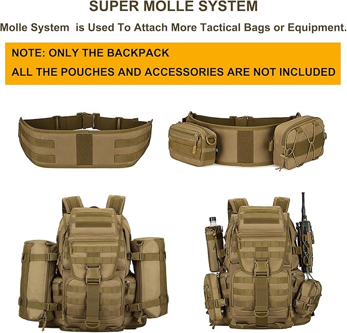 50L Military Tactical Backpack Molle Rucksack Large Army 3 Day Assault Pack Heavy Duty Backpack for Men (Brown)