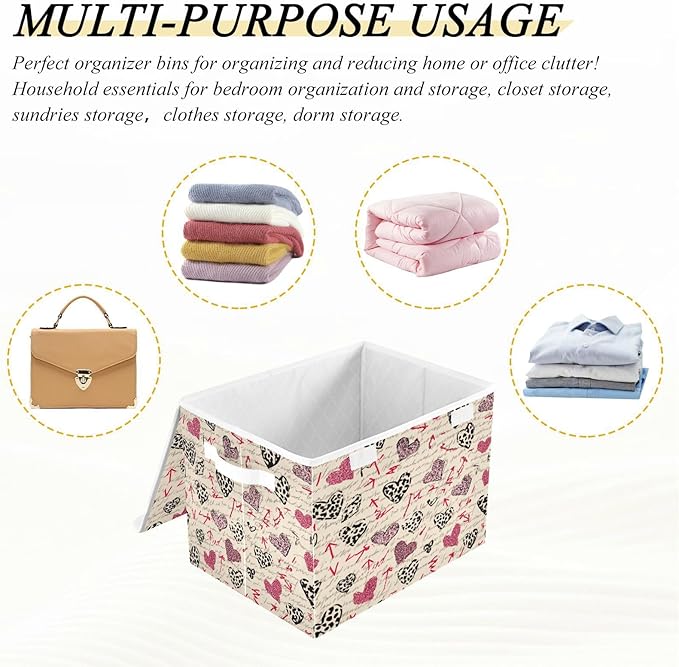 Storage Bins With Lid Stackable Fabric Closet Organizer Clothing Storage Large Boxes For Closet Shelves Bedroom Hearts Leopard Print Arrow Beige