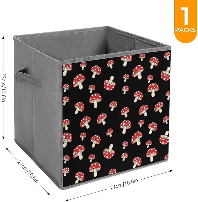 Collapsible Storage Bins with Handles Black Red Mushroom Lovers Foldable Cube Organizer Box for Closet Shelf Toy Storage Space-Saving Home &amp Office Decor