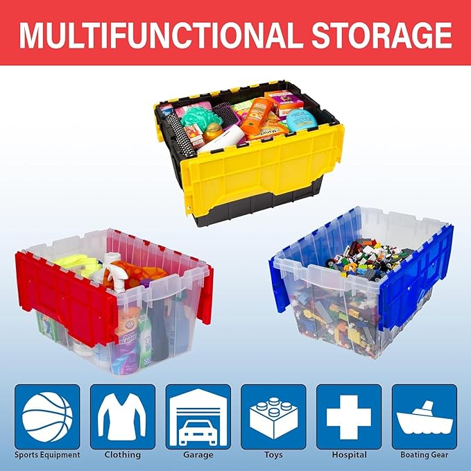 Akro-Mils KeepBox 12 Gallon Storage Container Nesting and Stackable Plastic Storage Box with Lid Attached Clear Tote for Garages Closets and Moving 21-1/2 x 15 x 12-1/2 Clear/Red