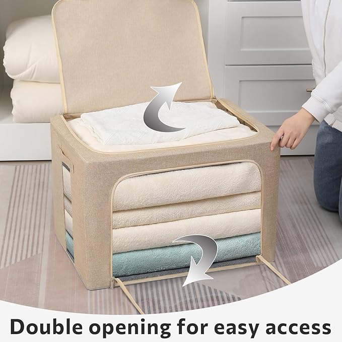 FHSQX 2 Pack Clear Window Storage Bins - Large Stackable Linen Fabric Storage for Clothes Foldable Container Organizer Set with Carrying Handles (Beige 19.7x 15.7x 12.6 Inch)