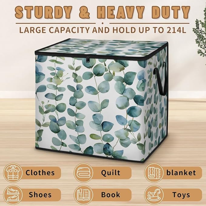 XL Large Clothes Storage with Lid Handle Eucalyptus Leaf Large Thick Clothes Blanket Storage Containers for Organizing Bedroom Closet Comforter Organization Storage Sage Green Spring