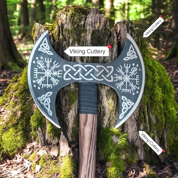 Double Head Viking Axe 27 Inch Handmade Real Viking Berserker Axe - Large Norse Axe Hand Forged Carbon Steel Axe Double Blade Ax - Hewing Broad Axe Best Gift for Men