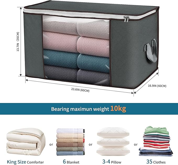 Large Storage Bags 8 Pack Clothes Storage Bins Foldable Closet Organizers Storage Containers with Durable Handles Thick Fabric for Blanket Comforter Clothing Bedding 90 L (Gray)