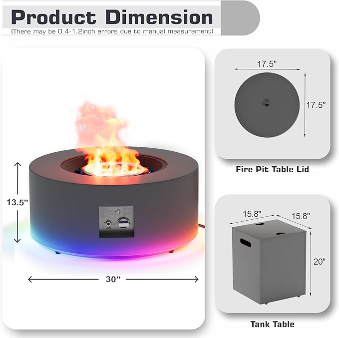 2-Piece 30 LED Round Propane Fire Pit for Outside Patio with Hidden Tank Table 50000 BTU Fireplaces with Lid Glass Rocks Cover(Dark Grey w/RGB Light)