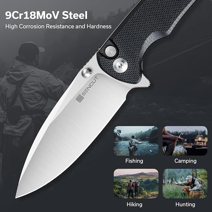 SENCUT Sachse Pocket Folding Knife for EDC Black G10 Handle Satin 9Cr18MoV Blade Foldable Small Knife with Clip Button Lock Everyday Carry Knives for Men Women Indoor Outdoor Gift S21007-5