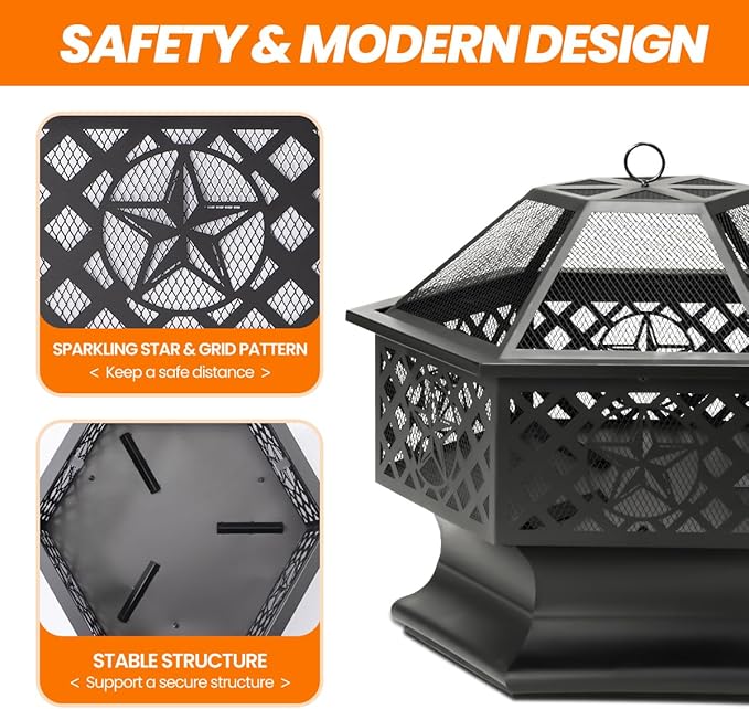 Panovue 28 Inch Hexagonal Fire PitWood Burning Firepits for Outside with Spark Screen&ampPokerMetal Hex-Shaped Outdoor Fire Pit for OutsideBackyardBonfirePatioGardenPicnic and Camping（Black）