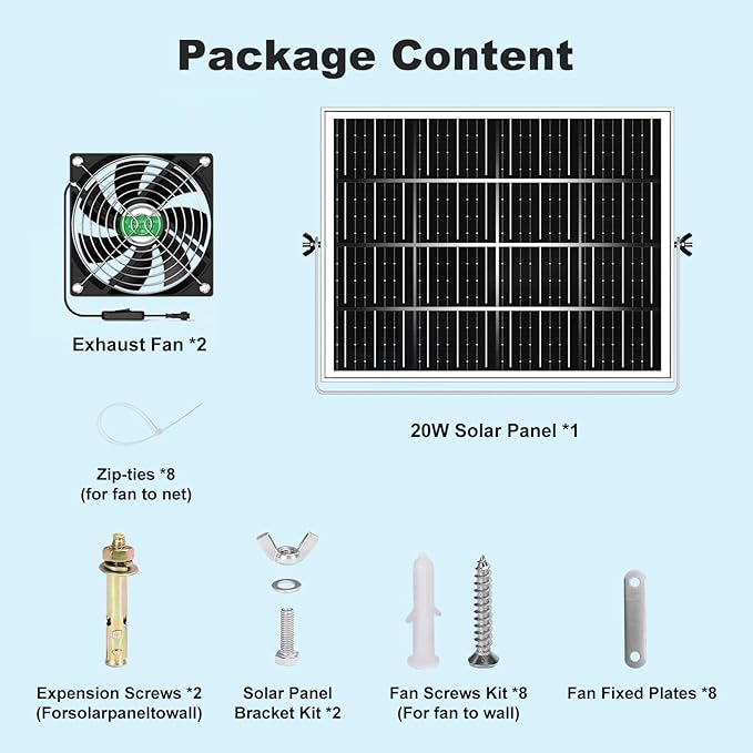 Solar Chicken Coop Fan 2 Kit 20W Solar Powered Greenhouse Fan Outdoor Waterproof Solar Exhaust &amp Intake Fans 16.7 ft Cord Hi-Airflow for Shed Dog House Air Circulation Ventilation Cooling