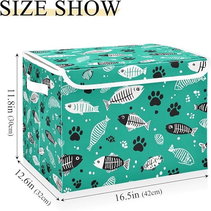 Collapsible Storage Bins with Lids Decorative Fabric Storage Cubes Closet Organizer and Storage Basket Boxes Containers for Clothes Box Chest Nursery Folding Rectangle Green Paw Prints Fish