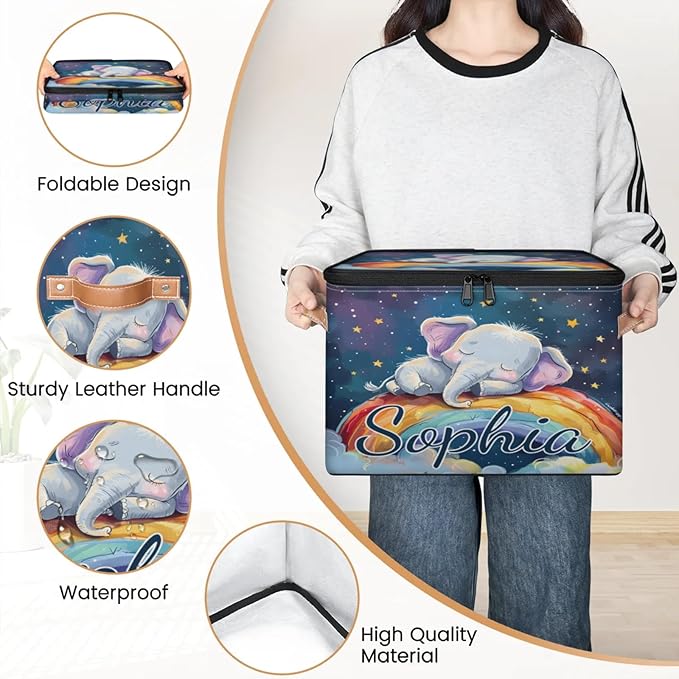 Custom Storage Basket with Name Personalized Storage Bins with Zipper Lid Foldable Fabric Storage Box Large capacity with Handle Elephant Rainbow