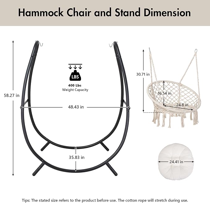 ANOW Macrame Hammock Chair with Stand for Outside Heavy Duty Hanging Chair Stand with Swing Chair Includes Seat Cushion Max 400 Lbs Natural