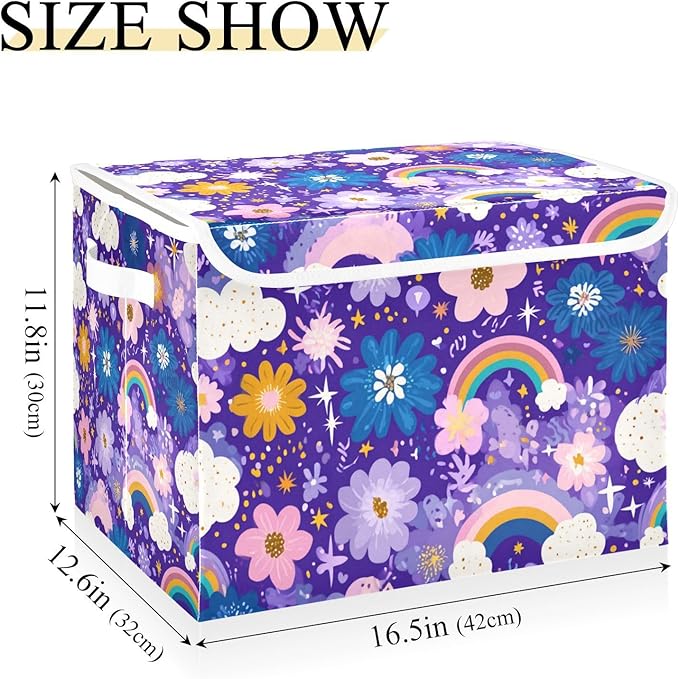 Collapsible Storage Bins with Lids Decorative Fabric Storage Cubes Closet Organizer and Storage Basket Boxes Containers for Clothes Box Chest Nursery Folding Rectangle Purple Rainbows Stars