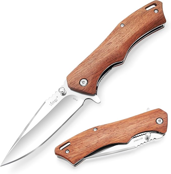 Vickay Pocket Knife for Men 3.4 8Cr13MoV Steel Blade Wood Handle EDC Folding Knife with Liner Lock for Outdoor Camping Tactical Hunting Hiking Survival - Father’s Day Gift