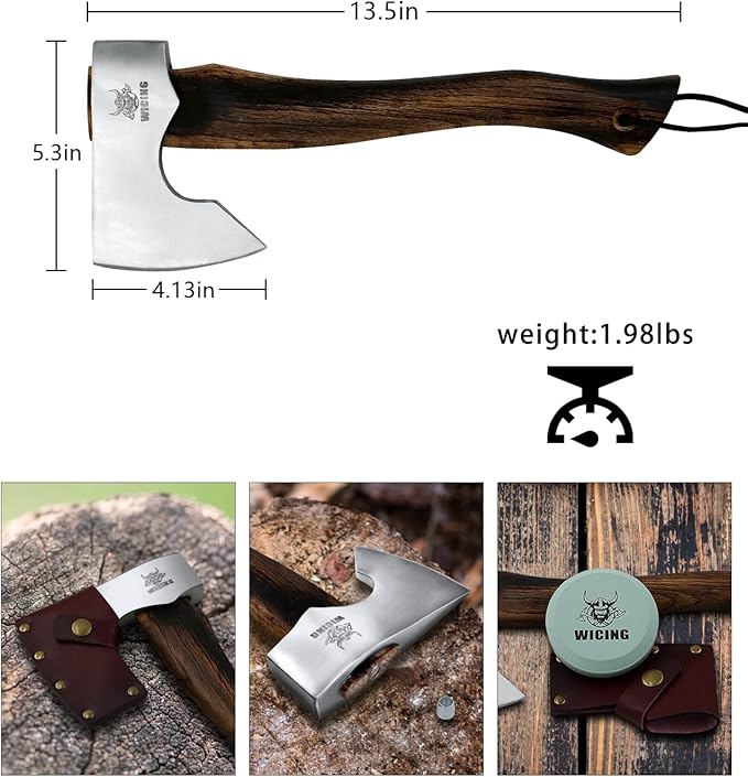 13.5 Inch Hatchet Camping Axe 1055 Carbon Steel and Beech Handle Survival Hatchet with Leather Sheath for Wood Splitting and Kindling