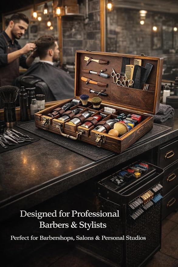 Professional Barber Tool Case Wooden Hairdressing Organizer with Metal Lock &amp Handle Portable Storage Box for Clippers Scissors &amp Accessories