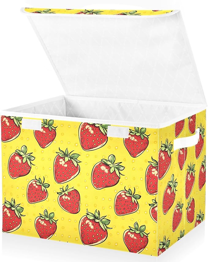 Cartoon Strawberry Storage Cube Bins Basket with Lid Collapsible Flip-top Fabric with Handle for Home Bedroom Closet Office 16.5×12.6×11.8 in