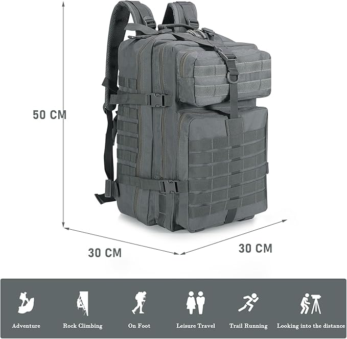 ShowyLive 3P Tactical Backpack Military Rucksack - 45L Large Hiking Backpack Waterproof Durable Camping Backpack for Men Women Travel Outdoor Sports Bug Out Bag (Grey)