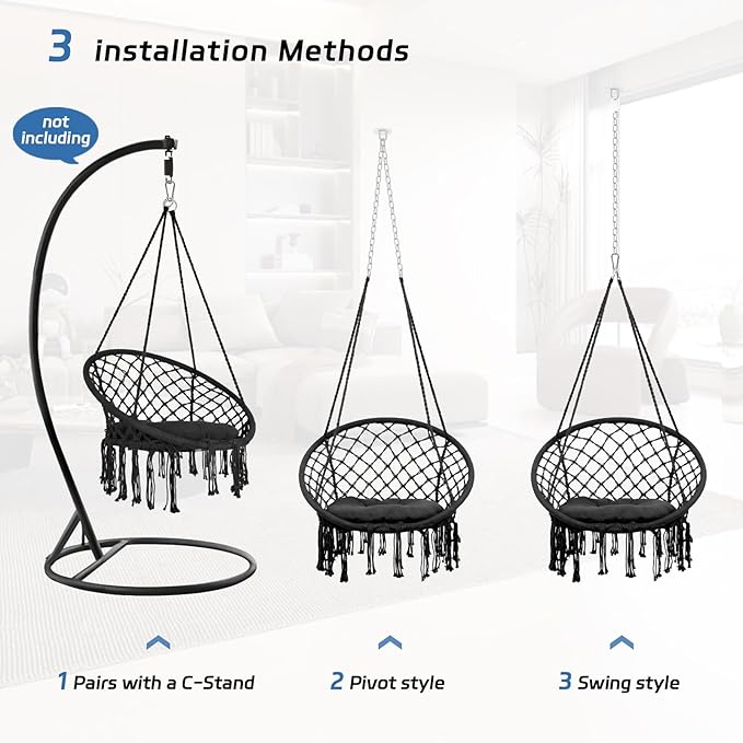 Hammock Chair Macrame Swing Cotton Rope Handwoven Hanging Chair 330 Pounds Capacity Macrame Tassels Hammock Swing for C-Hammock Stand Living Room Yard Garden Balcony (Black)