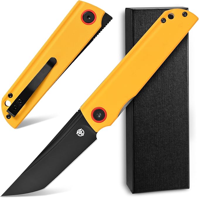 FF15 Folding Pocket Knife AUS-10 Steel Blade G10 Handle EDC Tool Knife Pocket Clip for Men Women Outdoor Camping Hunting Survival(Yellow)