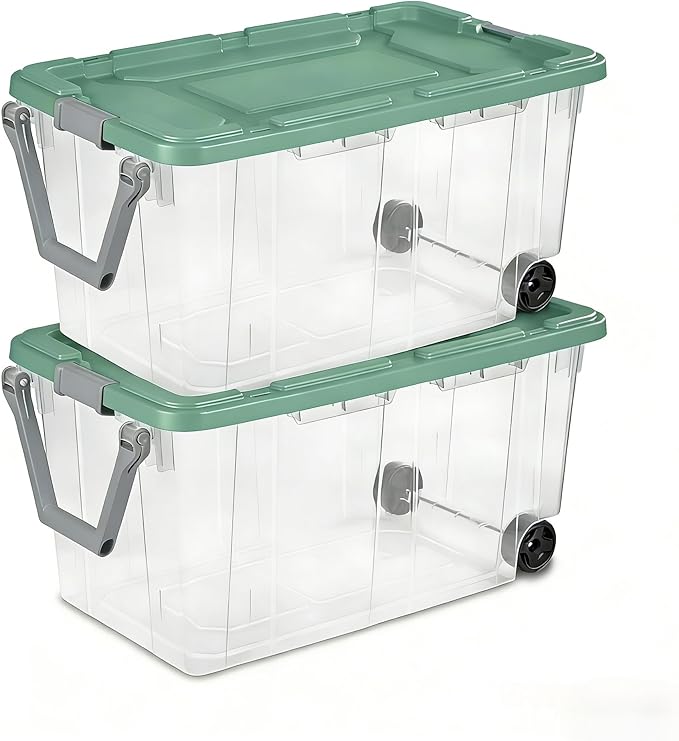 160 Quart Durable Clear Storage Container with Latch Lid and Pull Handle Light Green 2 Pack