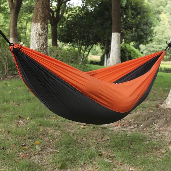 Single Camping Hammock Portable Indoor Outdoor Tree Hammock with 2 Hanging RopesLightweight Nylon Parachute Hammocks for Backpacking Travel(Grey/Pink)