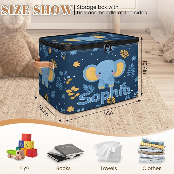 Custom Storage Basket with Name Personalized Storage Bins with Zipper Lid Foldable Fabric Storage Box Large capacity with Handle Elephant Flower Leaves