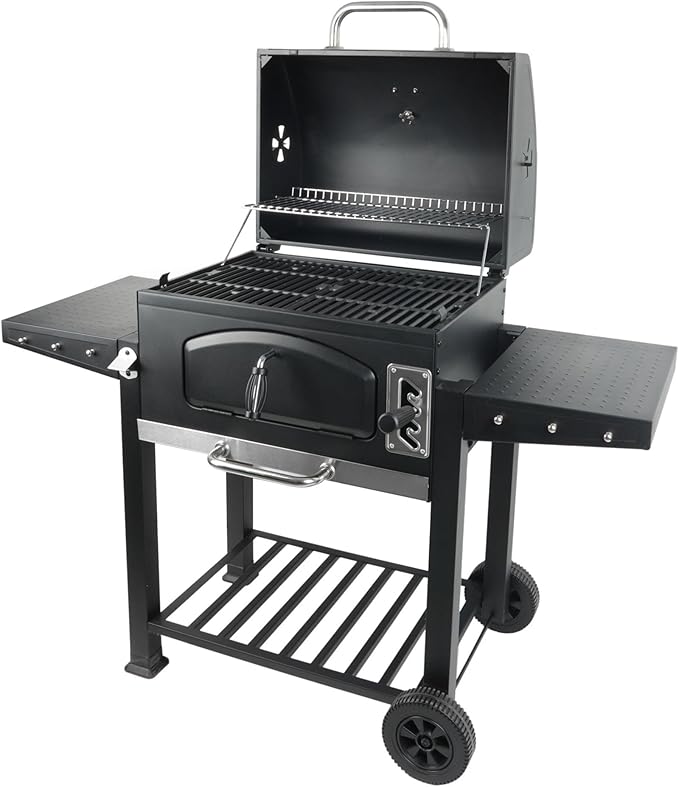 Grill Boss 24 Inch Charcoal BBQ Grill with Side Shelves Built-In Thermometer Black