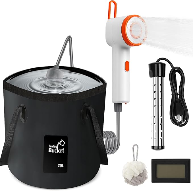 Portable Shower with Heater 2500mAh Rechargeable Portable Camping Shower Pump with Light 5 Gal Foldable Bucket Digital Display for Hiking Travel Pets &amp Car Washing Wartering Plants