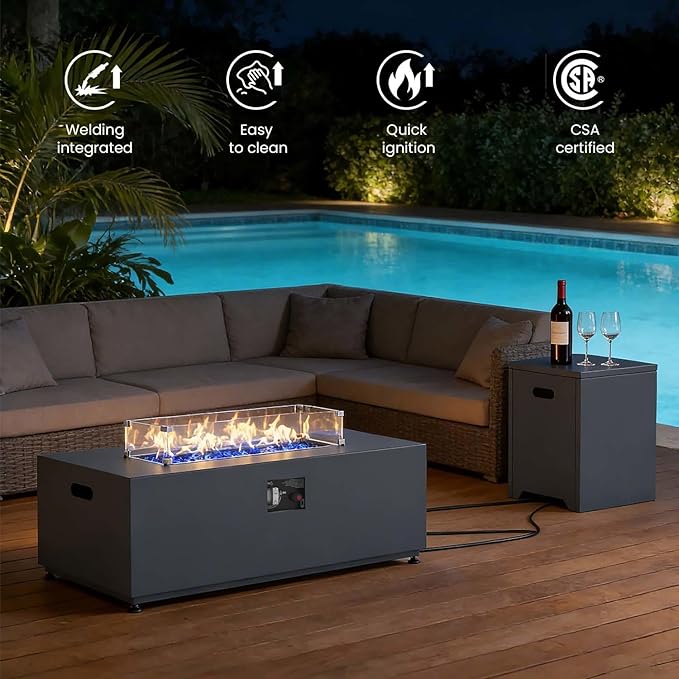 42 Inch Gas Fire Pit Table 55000 BTU Propane Fire Pits for Outside with Aluminum Lid and Waterproof Cover 2 in 1 Firepit Table