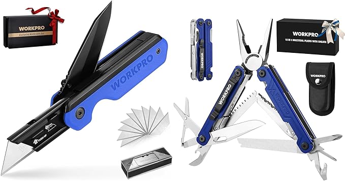 WORKPRO 2-in-1 Folding Knife/Utility Knife - Gifts for Dad &amp 18-in-1 Multi Tool Pliers Blue