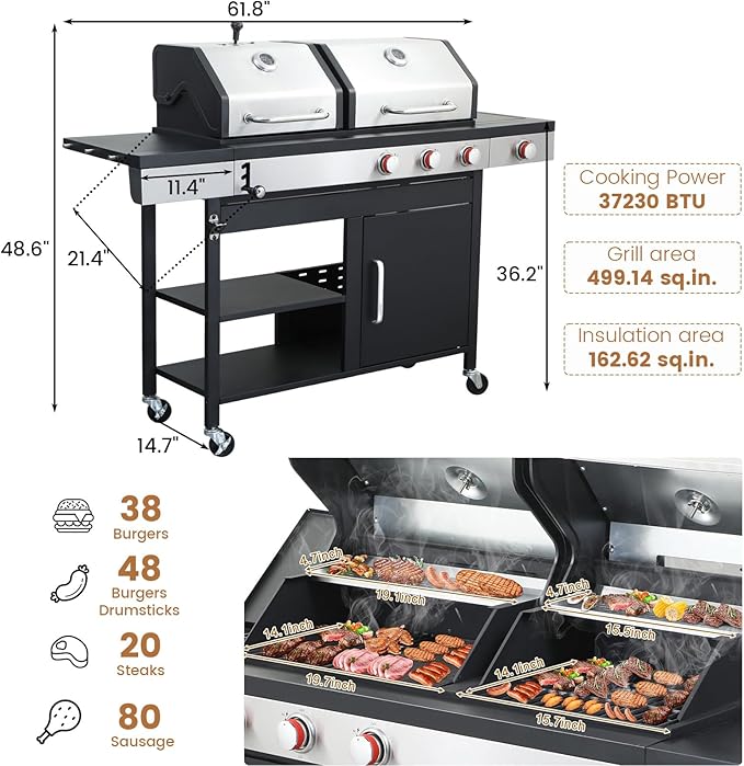 3-Burner Propane Gas BBQ Charcoal Grill Combo with Side Burner 37230BTU Stainless Steel Barbecue Grill With Enameled Cast Iron Cooking Grids For Outdoor Camping