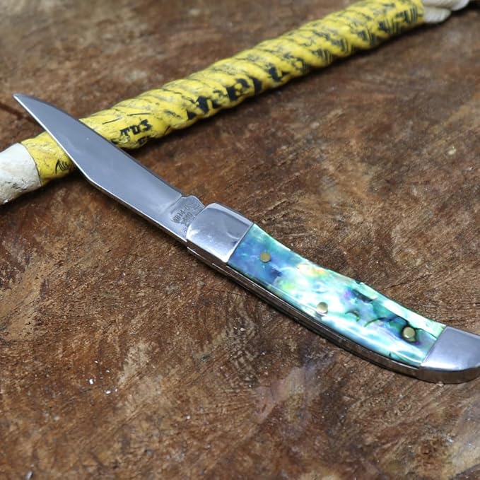 WHISKEY BENT HAT CO. Mini Hunter Folding Pocket Knife 2.75 Closed Length 440C Stainless Steel Blade (Green Abalone)