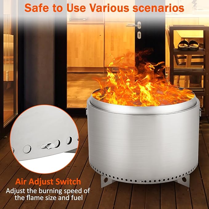 27 in Smokeless Fire Pit with Air Switch Wood Burning Portable Stainless Steel Outdoor Firepit with Removable Stand &amp Stove Hook Ash Pan for Camping Backyard Patio Picnic H: 20 in 35 LBS