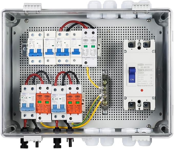 PV Combiner Box 2 String Solar Distribution Box with 25A 250A DC Circuit Breakers 63A125A AC Circuit Breakers and Surge Protection. Solar PV Breaker Box Perfect for 8K-10KW Solar Inverter Systems