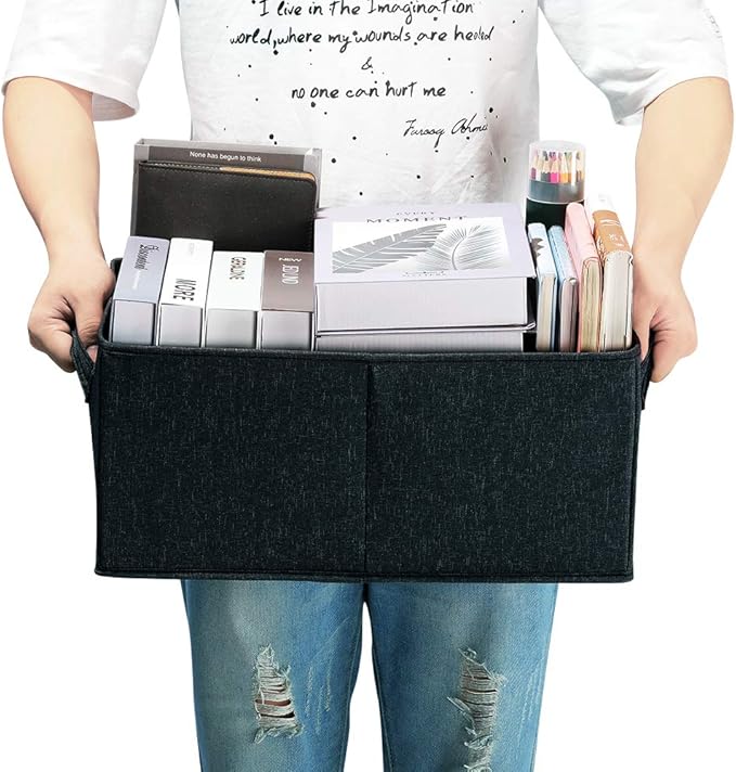 HOONEX Linen Foldable Storage Bins with Lids 2 Pack Storage Boxes with Carrying Handles and Sturdy Heavy Cardboard 16.5 L x 11.8 W x 7.5 H for Shoes Books Clothes Nursery Dark Grey