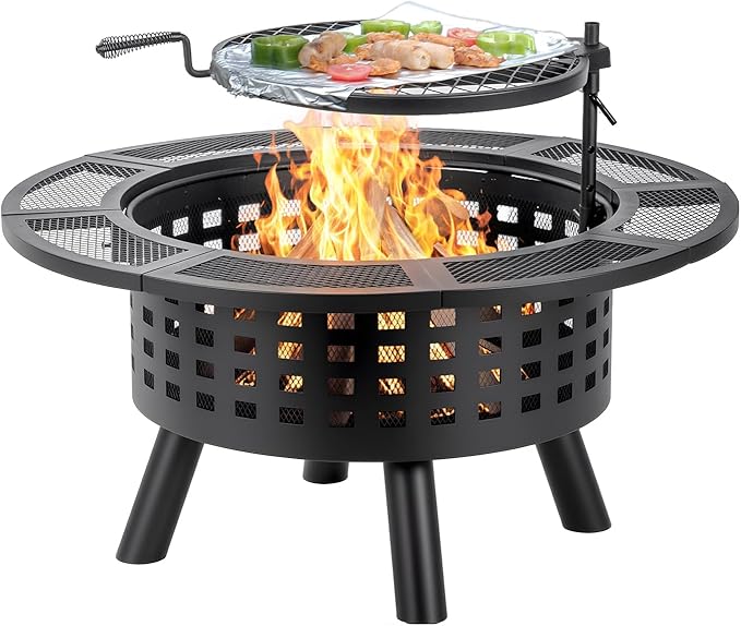 36 inch Outdoor Fire Pit with GrillWood Burning Firepits for Outside with Lid &amp Fire PokerMetal 3-in-1 Fire Pit Table with Cooking GrateOutdoor Fireplaces for BonfireYardBBQ（Jet Black）
