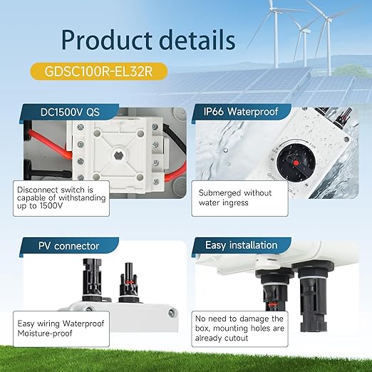 32A DC1200V Solar Disconnect Isolator SwitchSolar Panel Disconnect Switch with IP66 Waterproof Enclosure and Connector PV for Solar Power Off/On Grid Systems RV
