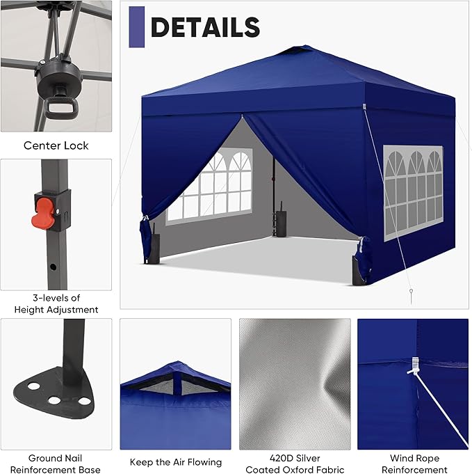 GDY 12x12 Pop Up Canopy Tent with 4 Sidewalls Easy Set up with One Push Lift Gazebo with Wheel Bag and4 SandbagsCarpas for Events PartiesCamping Navy Blue.