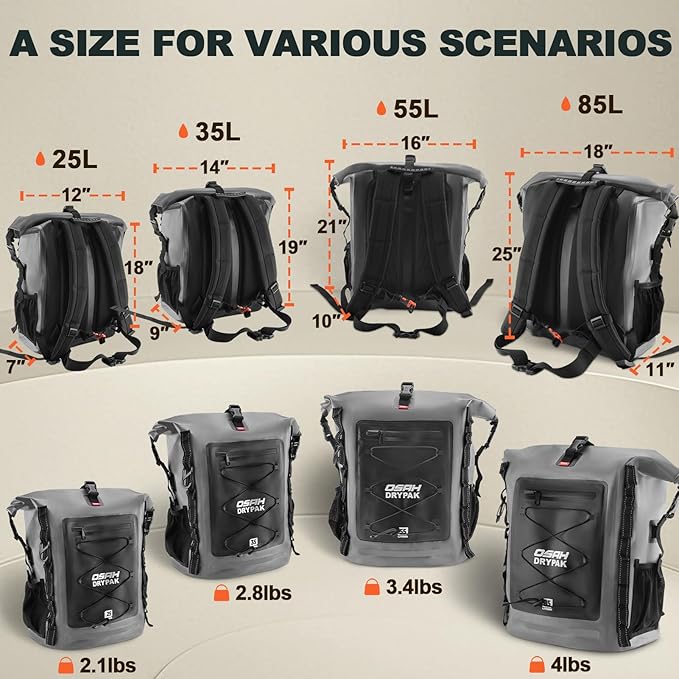 Waterproof Backpack Dry Bag 25L/35L/55L/85L – Heavy Duty Roll-Top Hiking Backpack Sack Keeps Gear Dry for Travel Kayaking Boating Camping Rafting and Fishing