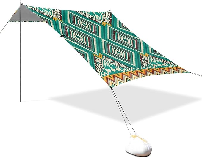 Beach Canopy with Windproof Ropes &amp Sandbags Beach Tent Sun Shade Sun Shelter for Camping Trips Fishing Backyard Fun or Picnics Boho Tribal Aztec