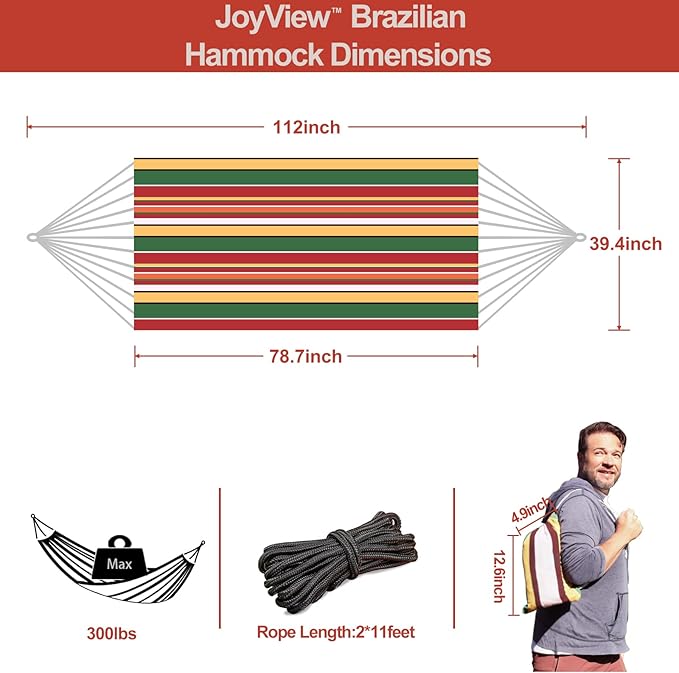 JoyView Brazilian Hammock for Single Person - Portable Cotton Hammock with Hanging Ropes &amp Carry Bag - 78.8x39.4' - 300LBS Capacity - Red &amp Green Stripes