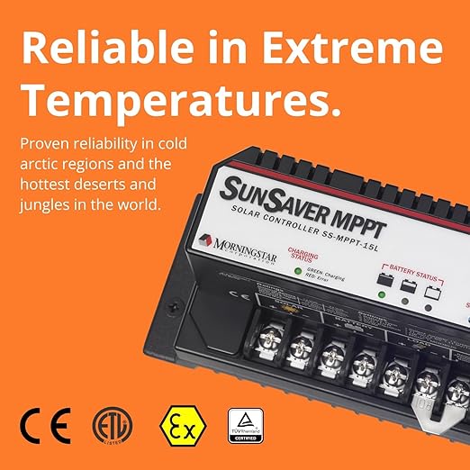 Morningstar SunSaver 15A MPPT Solar Charge Controller SS-MPPT-15L - Solar Panel Regulator Supports 12/24V LA/Li Batteries. Load/Lighting Ctrl HazLoc Rated Low Noise 5 Yr. WTY - Designed in the USA