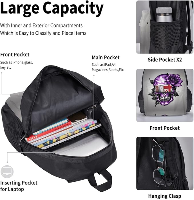 Purple Rose And Skull Backpack With Lunch Box 3 In 1 Set With Pencil Case Large Capacity Backpack With Chest Strap
