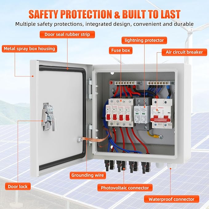 4 String Metal Solar Combiner Box IP65 Waterproof PV Combiner Box with 20A Rated Current Fuse 63A Air Circuit BreakerLightning Arrester for On/Off Grid Solar Panel System