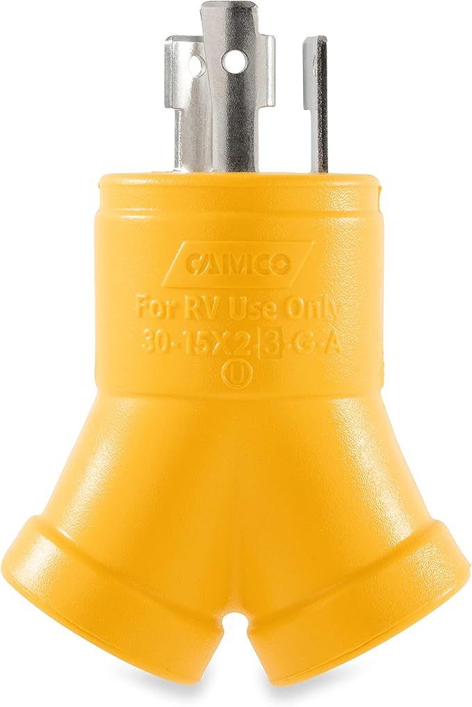 Camco PowerGrip Camper/RV 3-Prong Generator Adapter | Features a 30-Amp L5-30 End &amp (2) 15-Amp 5-15 Ends | Rated for 125 Volts/3750 Watts (55433)