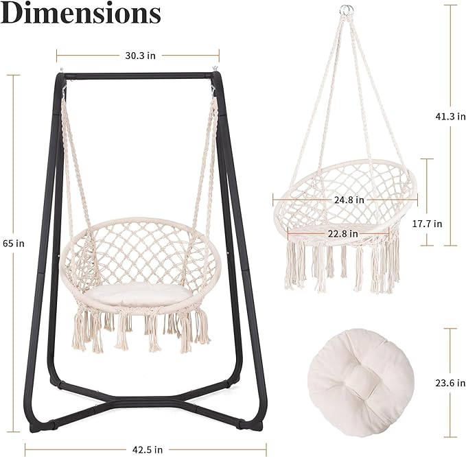 SUNCREAT Patio Swing Chair with Stand and Cushion Heavy Duty Hanging Chair with Stand for Bedroom 330 lbs Capacity Patent Pending Beige